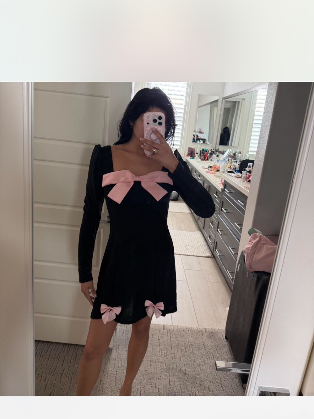 Black Long-Sleeve Mini Dress with Pink Bows - Elegant Women's Dress